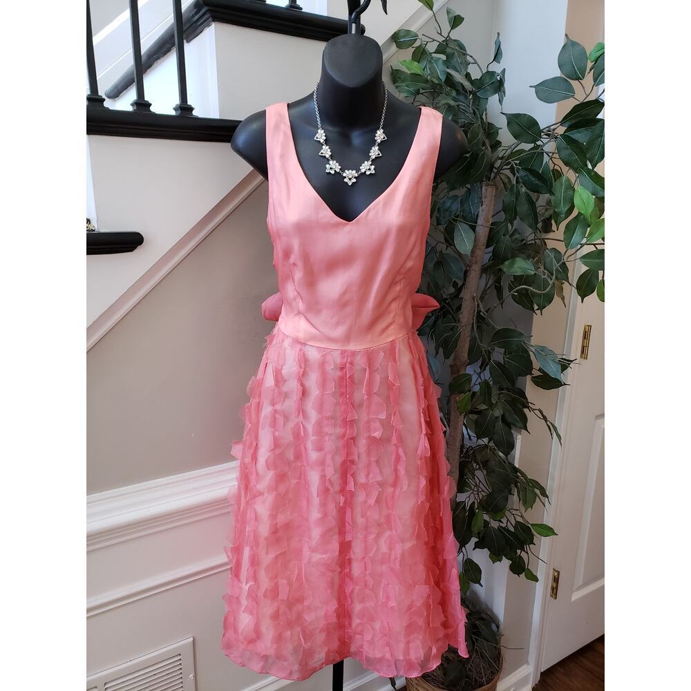 Sara Campbell Fit & Flare Dress Women's 8 Pink‎ Lined Tie Waist V Neck Back Zip